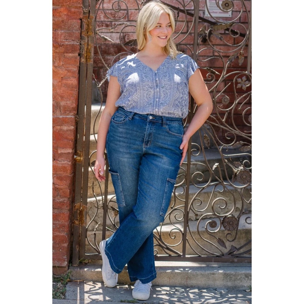 Judy Dark Wash High Rise Cargo Wide Leg Jeans Comfort Stretch Denim Size 11/30
